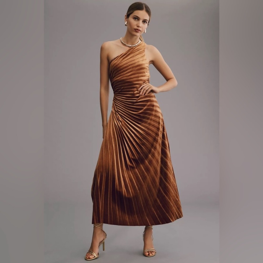 Delfi Collective one shoulder midi bronze velvet dress - New! - size Small